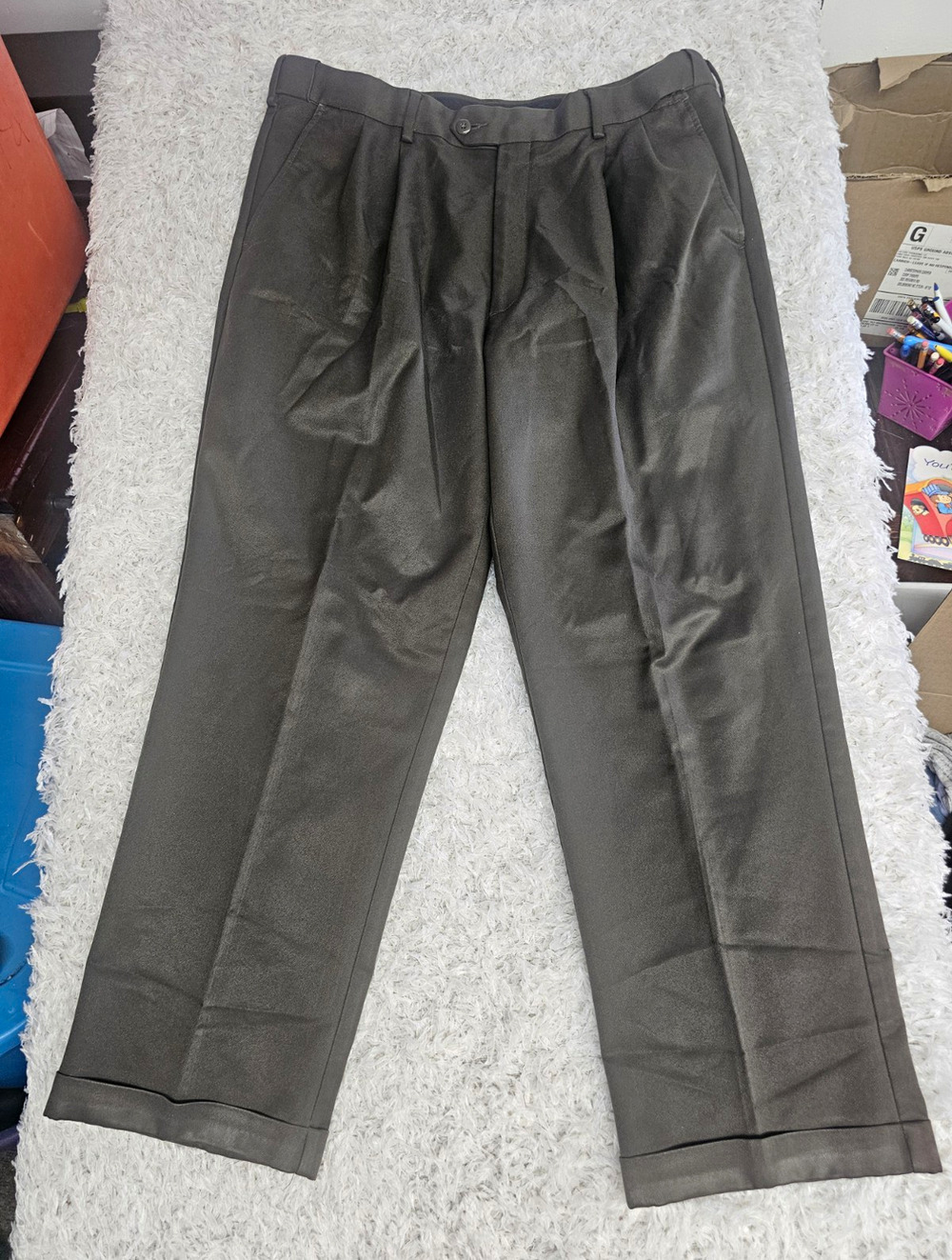 Perry Ellis Swank Mens Pleated Dress Pants 36/30 Brown Charcoal Slacks Cuffed